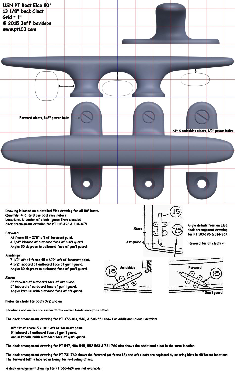 Elco PT Boat 103 Class Deck Cleat Dimensions
